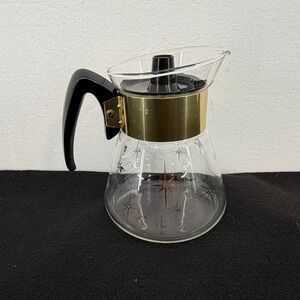 Vintage Pyrex Atomic Starburst Coffee Carafe Gold MCM Glass Server with Lid